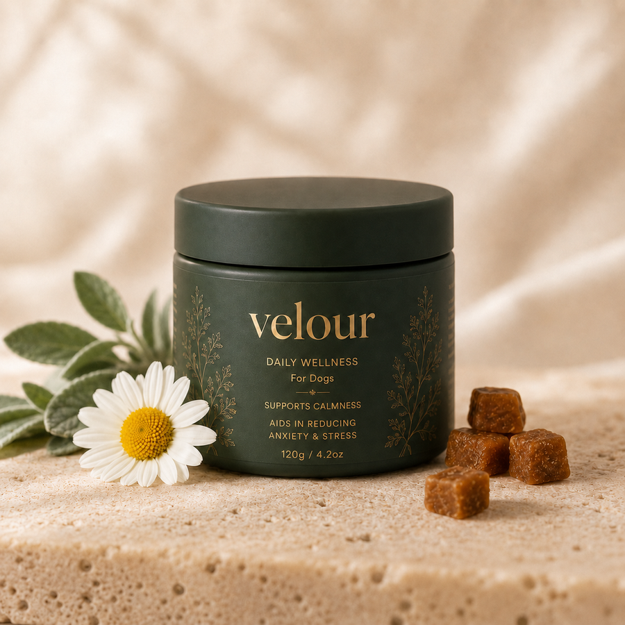 Velour Calming Chew Large Breed — dark green jar with daisy and soft chews on stone surface